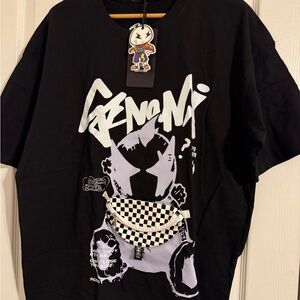 Black Graphic Tee with Checkered Detail